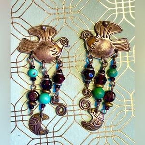 925 silver folk art bird beaded earrings